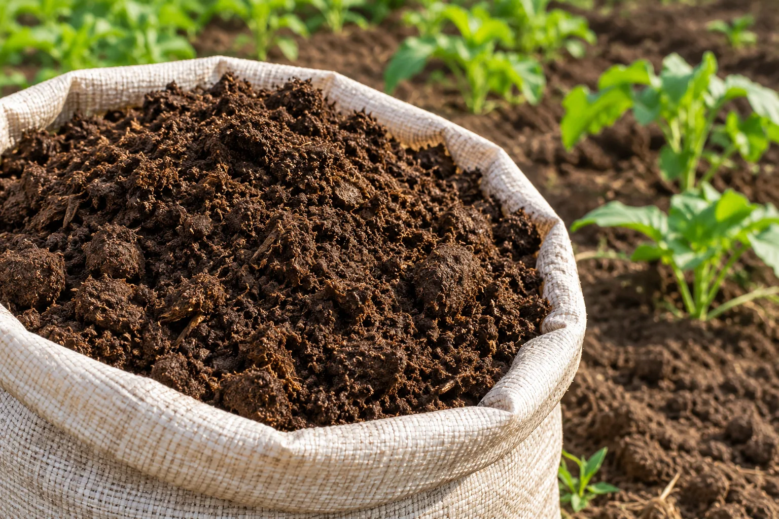 Illustrative image of mature cow-manure compost in a sack beside cultivated soil; not an offered lot